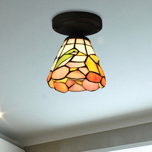 Tiffany Stained Glass Ceiling Mount Light for Cloth Shop – 1-Head Flower/Bird/Phoenix Design in Black with Pink & Red Rose Accents