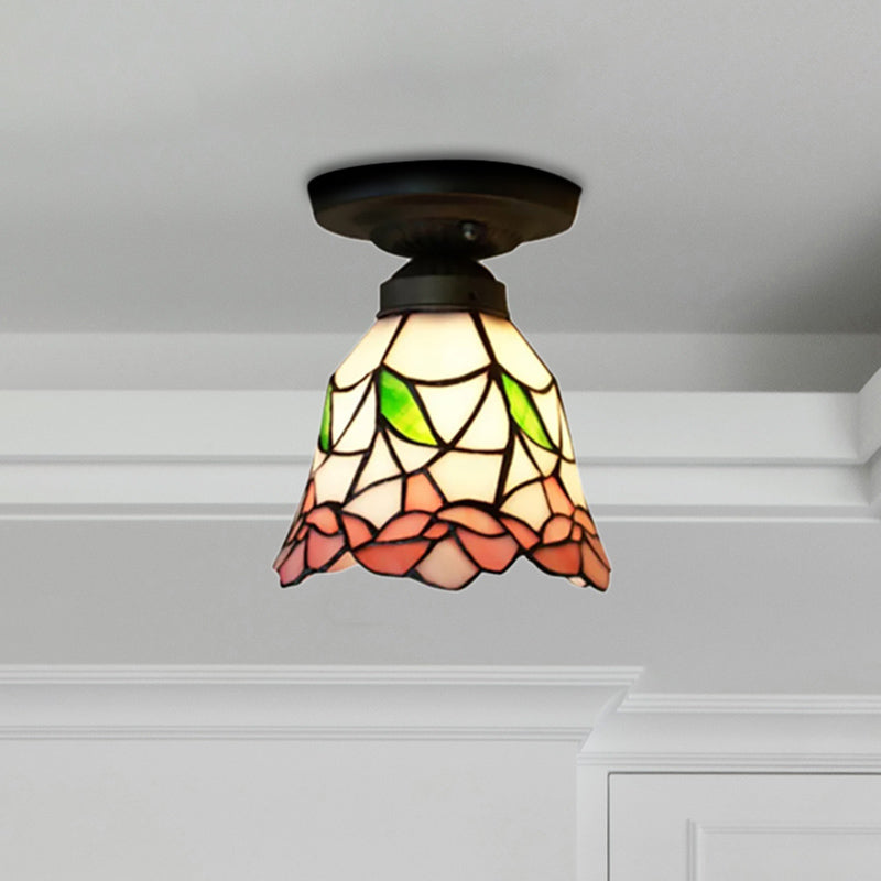 Tiffany Stained Glass Ceiling Mount Light for Cloth Shop – 1-Head Flower/Bird/Phoenix Design in Black with Pink & Red Rose Accents