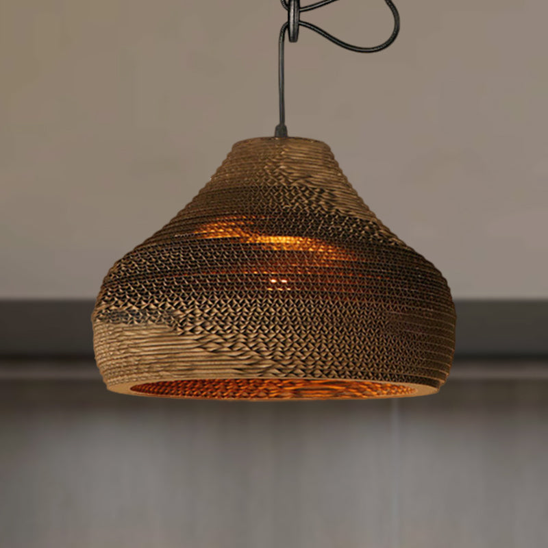 Brown Corrugated Paper Pendant Lamp - Dome/Bowl Shade Contemporary Design 1 Head Suspension Light /