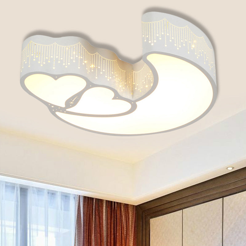 Kid Bedroom LED Flush Ceiling Lamp - Contemporary Heart & Crescent Design in White