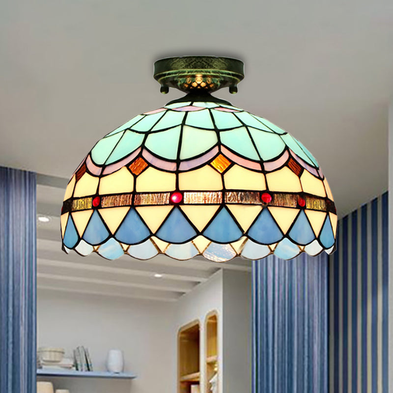 Plafonnier encastré en vitrail de style Tiffany avec motif de bol festonné