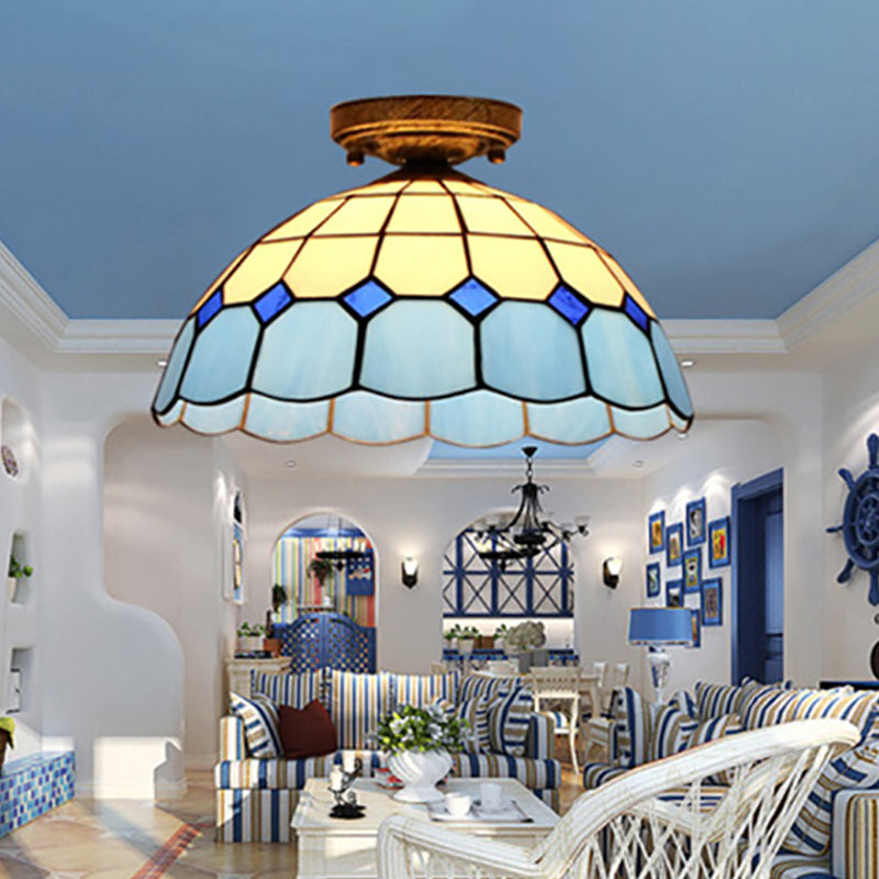 Plafonnier encastré en vitrail de style Tiffany avec motif de bol festonné