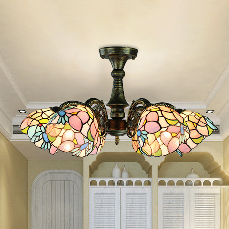 Lustre rustique en vitrail avec suspension à plusieurs lumières et accents en bronze