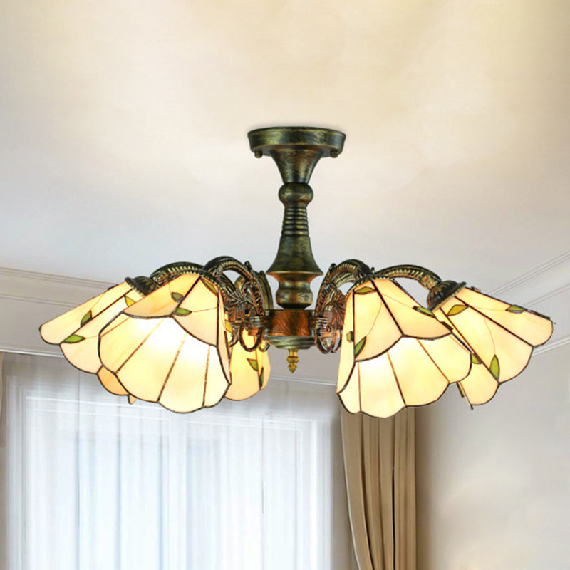 Lustre rustique en vitrail avec suspension à plusieurs lumières et accents en bronze