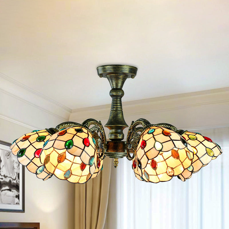 Lustre rustique en vitrail avec suspension à plusieurs lumières et accents en bronze