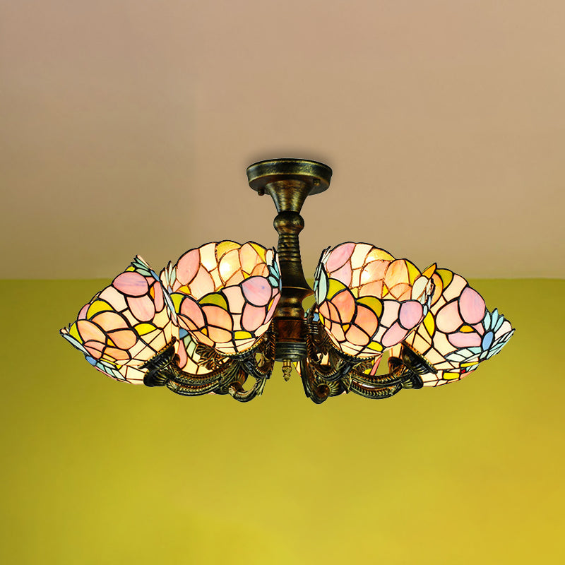 Lustre rustique en vitrail avec suspension à plusieurs lumières et accents en bronze