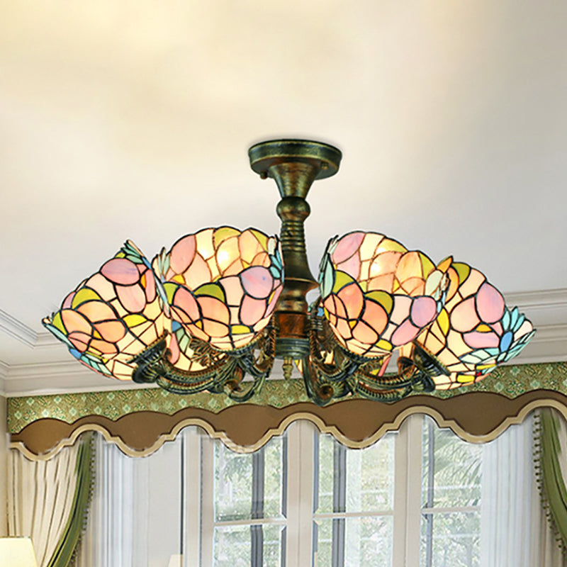 Lustre rustique en vitrail avec suspension à plusieurs lumières et accents en bronze
