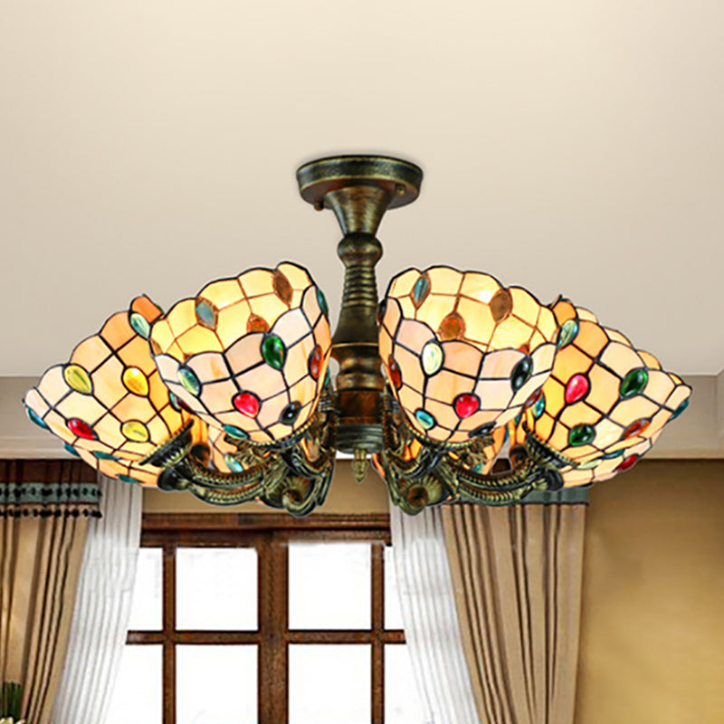 Lustre rustique en vitrail avec suspension à plusieurs lumières et accents en bronze