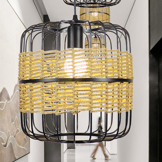 Vintage Metal Cage Pendant Light with Rope Detail in Beige for Corridor