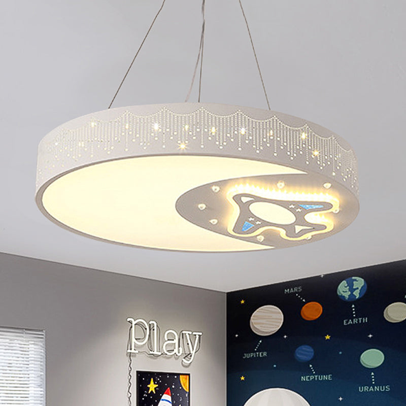 Modern Rocket Iron Hanging Light With Etched Moon Pendant - White; Ideal For Study Room