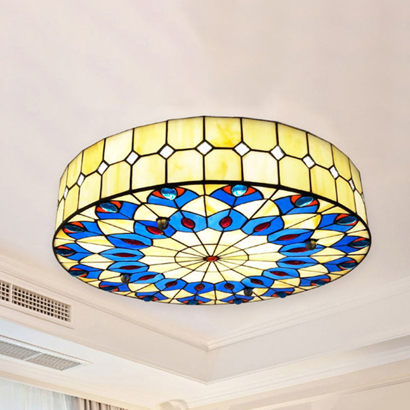 Tiffany Blue Peacock Design Flushmount Ceiling Light for Restaurants - 16"/18" Round Shade