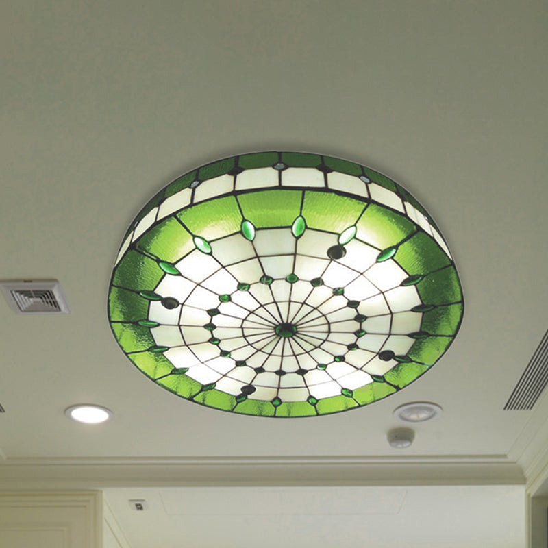 Retro Style Stained Glass Ceiling Light Fixture - Green Round Flush Mount 3 Lights
