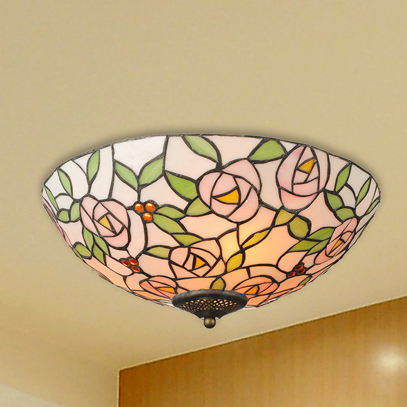Tiffany Style Stained Glass Flushmount Light: Bowl Flower Ceiling Fixture, Multicolor, 3 Lights
