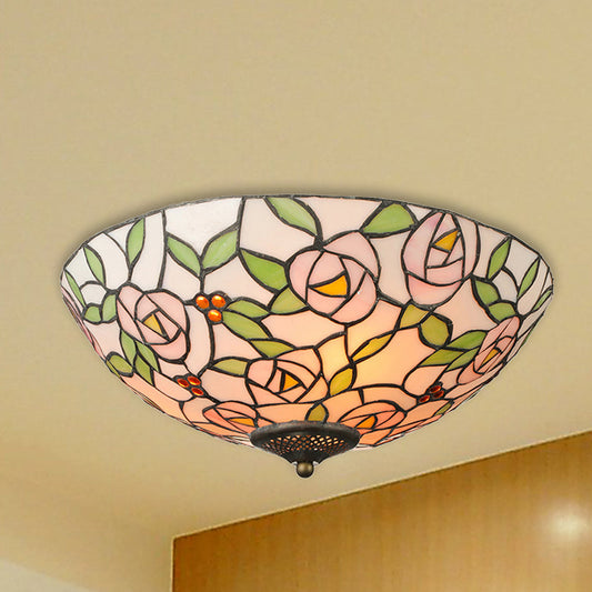 Tiffany Style Stained Glass Flushmount Light: Bowl Flower Ceiling Fixture, Multicolor, 3 Lights