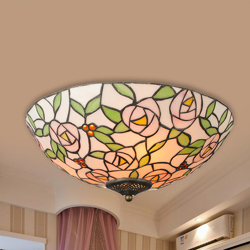 Tiffany Style Stained Glass Flushmount Light: Bowl Flower Ceiling Fixture, Multicolor, 3 Lights