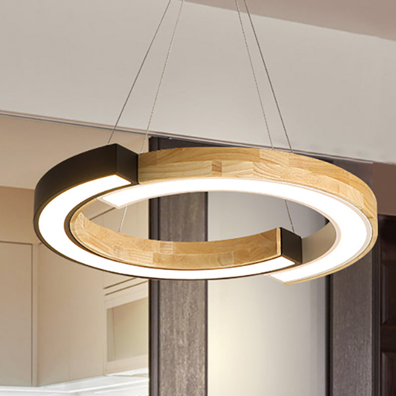 Lampe suspendue en bois de style nordique de 15"/19" de large avec suspension en anneau noir/blanc - idéale pour la chambre et le restaurant