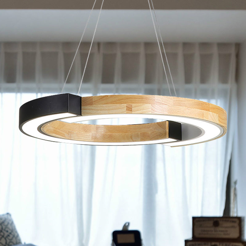 Lampe suspendue en bois de style nordique de 15"/19" de large avec suspension en anneau noir/blanc - idéale pour la chambre et le restaurant