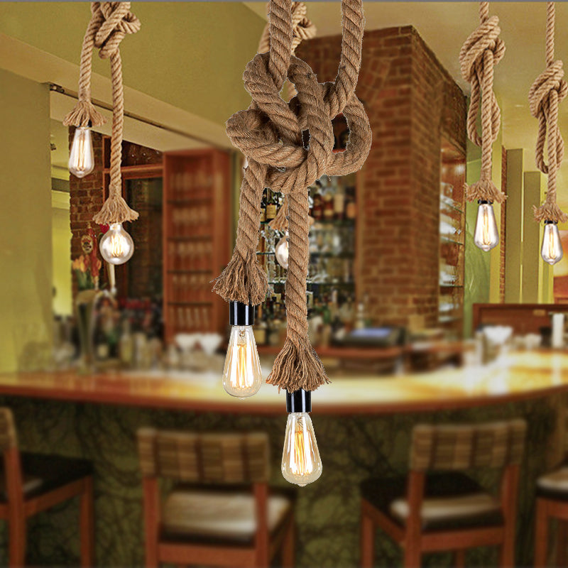 Vintage Style Light Brown Rope Pendant Light with Open Bulb - 2 Heads - Ceiling Hanging Lighting for Bar