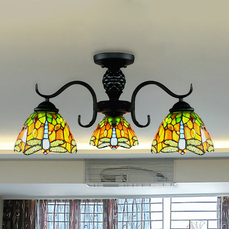 Rustic Orange Dragonfly Chandelier - 3 Stained Glass Pendant Lights for Villas