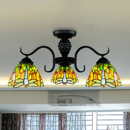 Rustic Orange Dragonfly Chandelier - 3 Stained Glass Pendant Lights for Villas