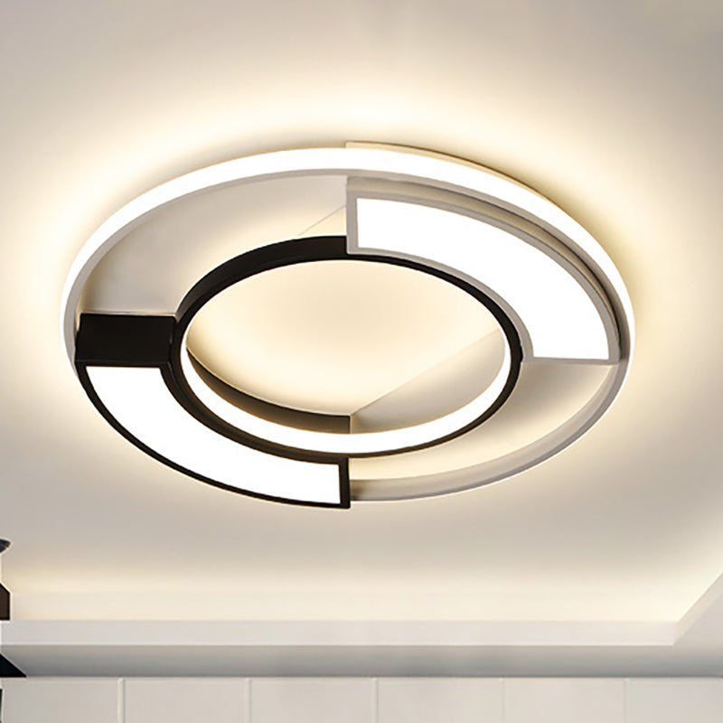 Modernism Ring Flushmount Light with Frosted Diffuser - Metallic Black and White LED Ceiling Light, 16"/19.5" - Warm/White