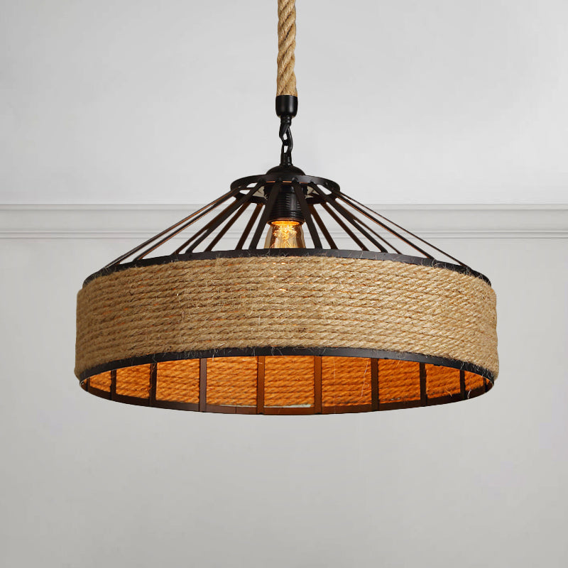 Vintage Style Drum Shade Rope Pendant Ceiling Light in Black for Coffee Shops