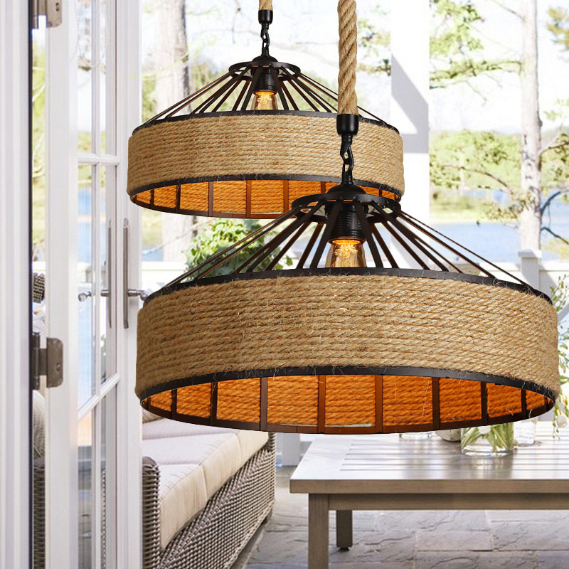 Vintage Style Drum Shade Rope Pendant Ceiling Light in Black for Coffee Shops