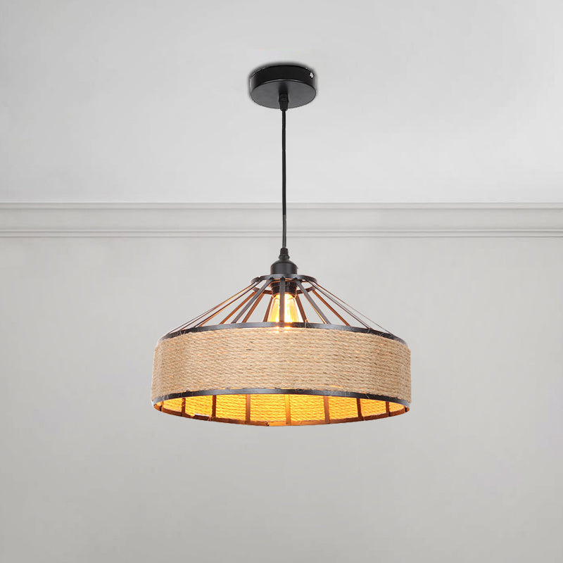 Vintage Style Drum Shade Rope Pendant Ceiling Light in Black for Coffee Shops