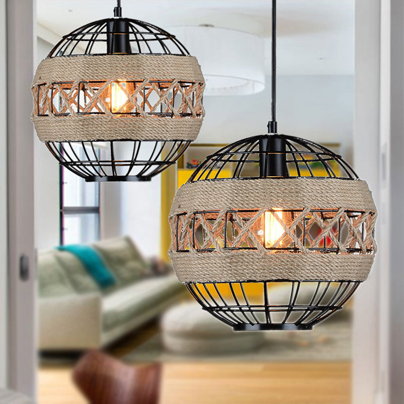 Suspension sphérique élégante avec cadre en métal et détails en corde - Rustique 1 lumière, noir