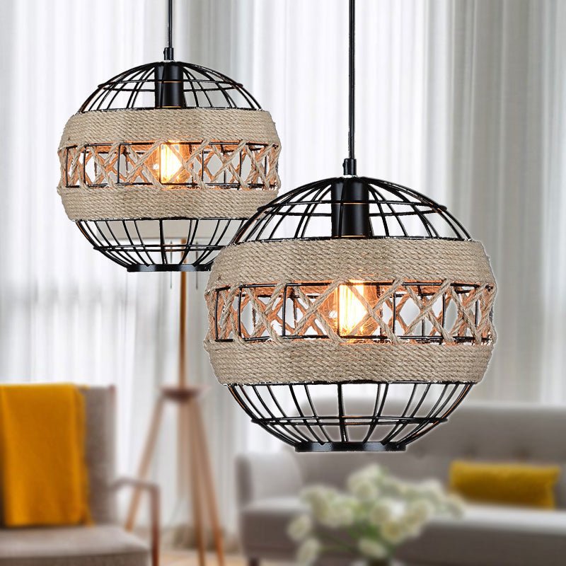 Suspension sphérique élégante avec cadre en métal et détails en corde - Rustique 1 lumière, noir