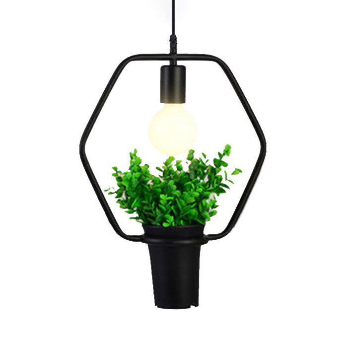 Vintage Black Metal Pendant Light with Planter and Frame for Kitchen