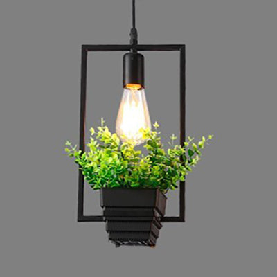 Vintage Black Metal Pendant Light with Planter and Frame for Kitchen