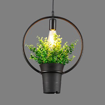 Vintage Black Metal Pendant Light with Planter and Frame for Kitchen