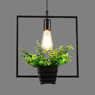 Vintage Black Metal Pendant Light with Planter and Frame for Kitchen