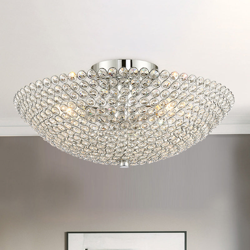 Contemporary Triple Light Chrome Flush Mount Ceiling Light with Clear K9 Crystal Bowl