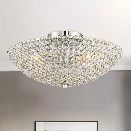 Contemporary Triple Light Chrome Flush Mount Ceiling Light with Clear K9 Crystal Bowl