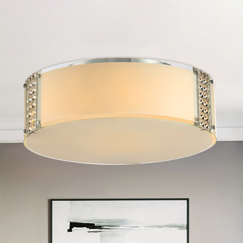 Modern Opal Glass Flush Mount Ceiling Light with Clear Crystal Accents - 8 Lights Drum Fixture