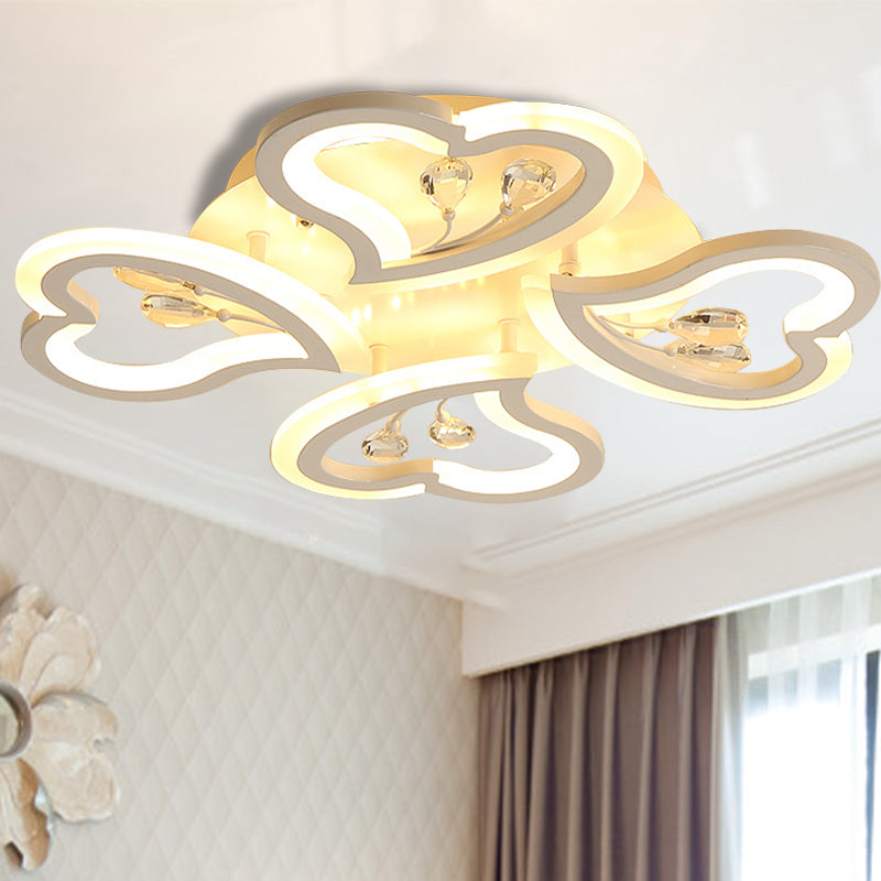 White Heart Shape LED Acrylic Ceiling Lamp - Modern Semi Flush Light with Crystal Accent - 19.5"/23.5"/31.5" W - Warm/White Light