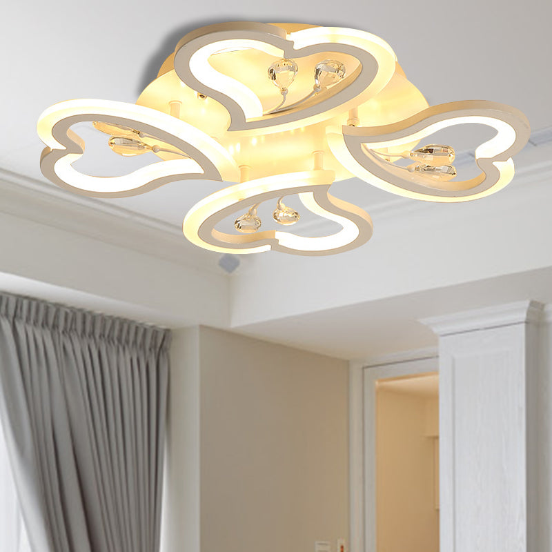 White Heart Shape LED Acrylic Ceiling Lamp - Modern Semi Flush Light with Crystal Accent - 19.5"/23.5"/31.5" W - Warm/White Light