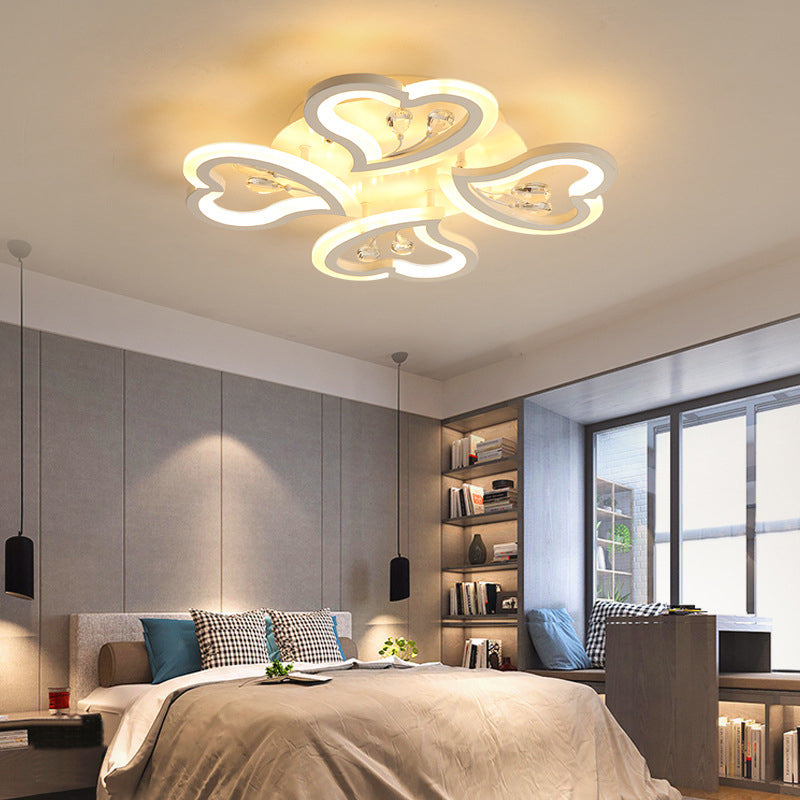 White Heart Shape LED Acrylic Ceiling Lamp - Modern Semi Flush Light with Crystal Accent - 19.5"/23.5"/31.5" W - Warm/White Light