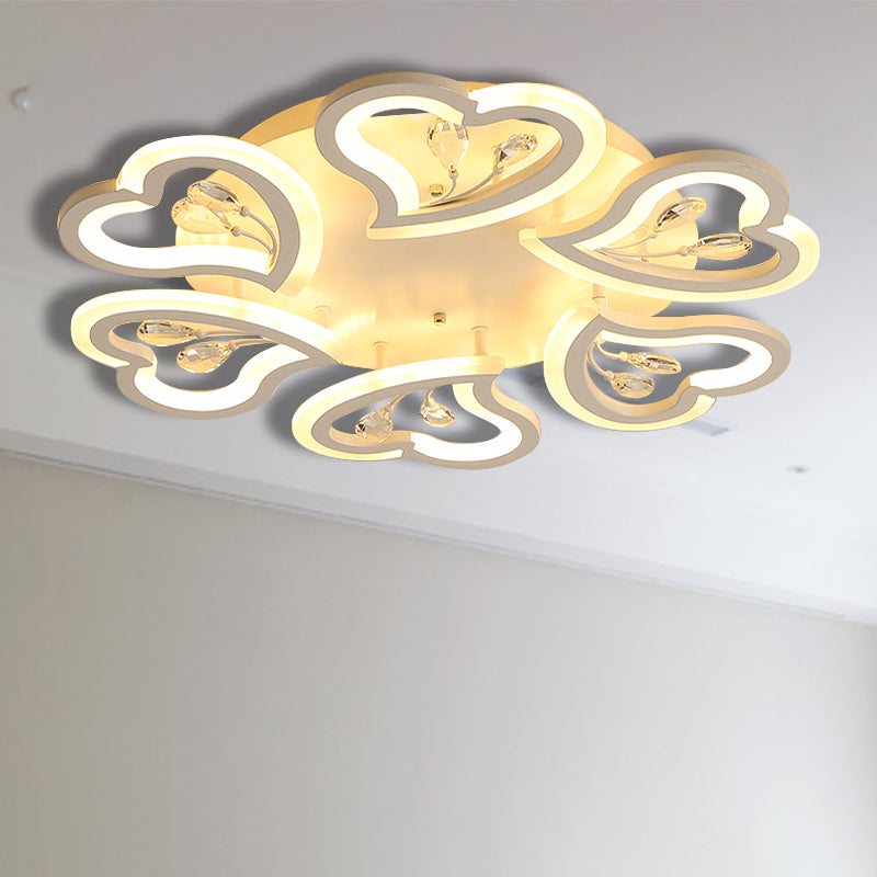 White Heart Shape LED Acrylic Ceiling Lamp - Modern Semi Flush Light with Crystal Accent - 19.5"/23.5"/31.5" W - Warm/White Light