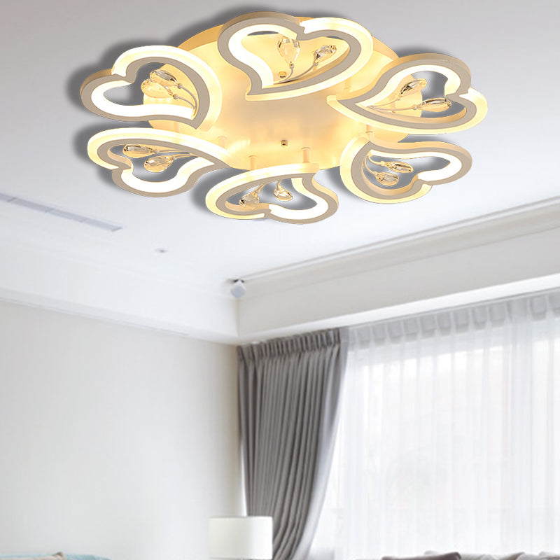 White Heart Shape LED Acrylic Ceiling Lamp - Modern Semi Flush Light with Crystal Accent - 19.5"/23.5"/31.5" W - Warm/White Light