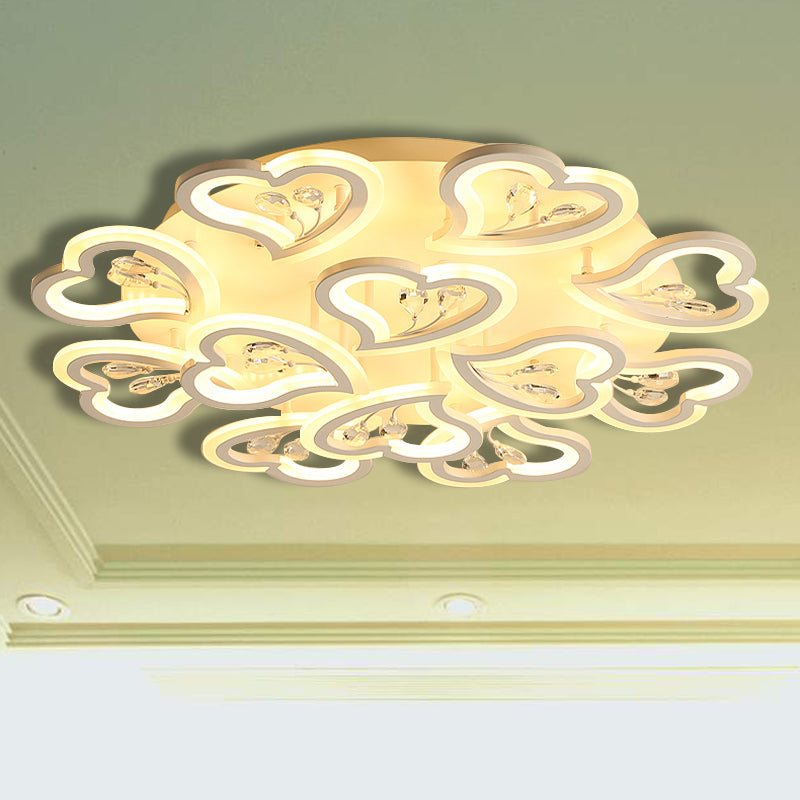 White Heart Shape LED Acrylic Ceiling Lamp - Modern Semi Flush Light with Crystal Accent - 19.5"/23.5"/31.5" W - Warm/White Light