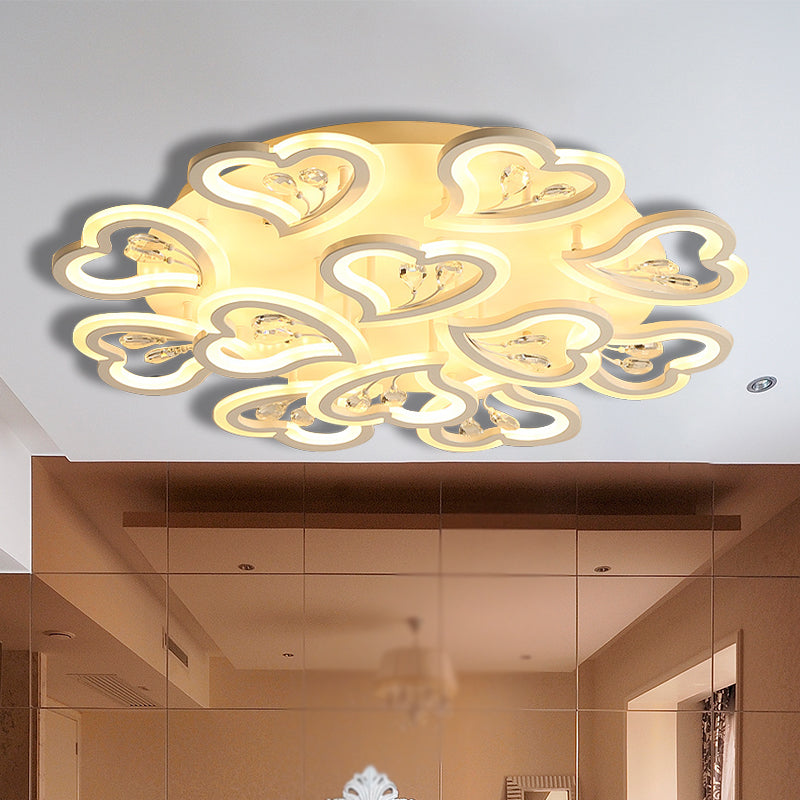 White Heart Shape LED Acrylic Ceiling Lamp - Modern Semi Flush Light with Crystal Accent - 19.5"/23.5"/31.5" W - Warm/White Light