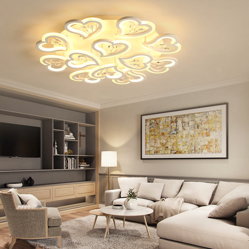 White Heart Shape LED Acrylic Ceiling Lamp - Modern Semi Flush Light with Crystal Accent - 19.5"/23.5"/31.5" W - Warm/White Light