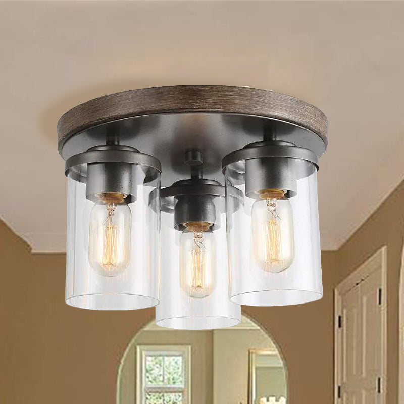Clear Glass Cylinder Ceiling Light With Industrial Bronze Finish - 3 Bulbs For Living Room