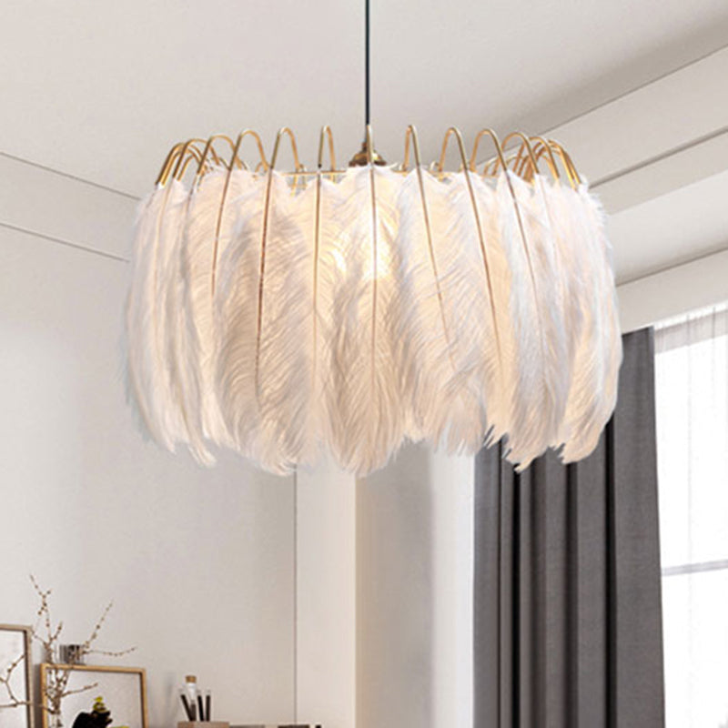 Feather & Metal Drum Pendant Light in White for Adult Bedroom - Romantic Suspension Lighting