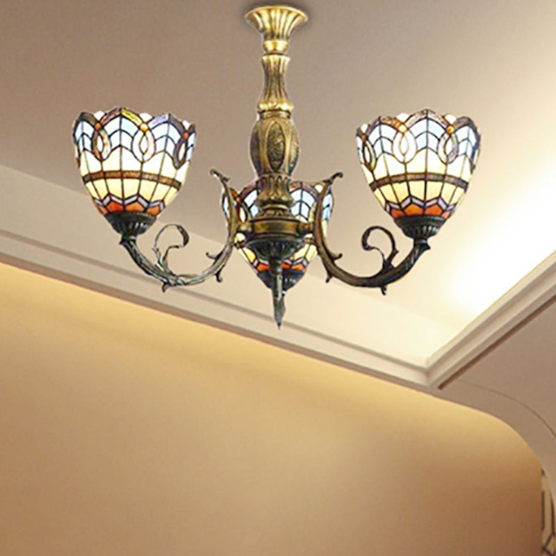 Lustre en forme de dôme en verre teinté en laiton - Style baroque Tiffany, luminaire suspendu à 3 lumières pour salle à manger