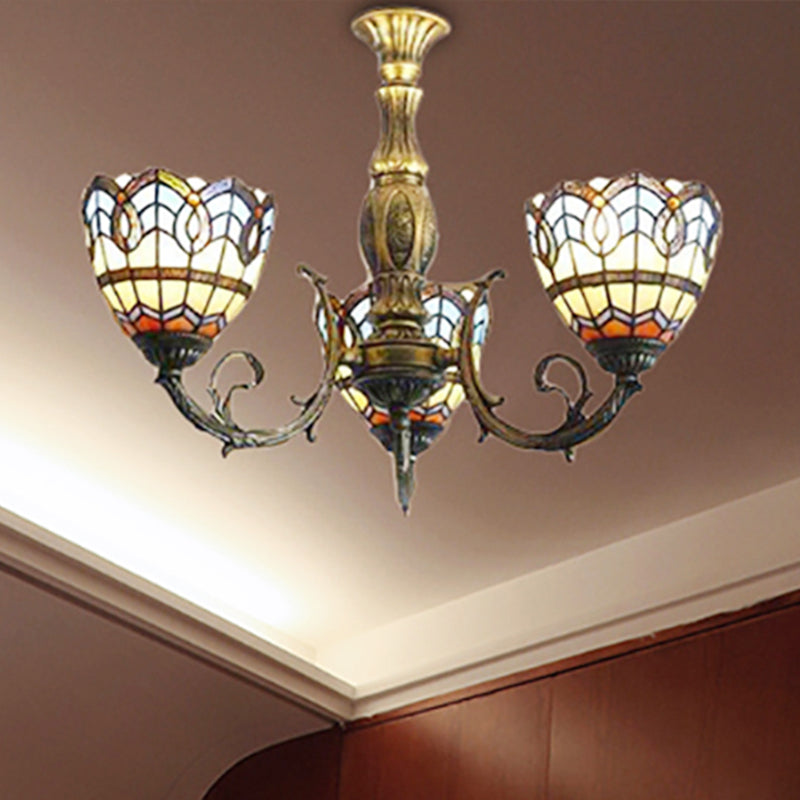 Lustre en forme de dôme en verre teinté en laiton - Style baroque Tiffany, luminaire suspendu à 3 lumières pour salle à manger