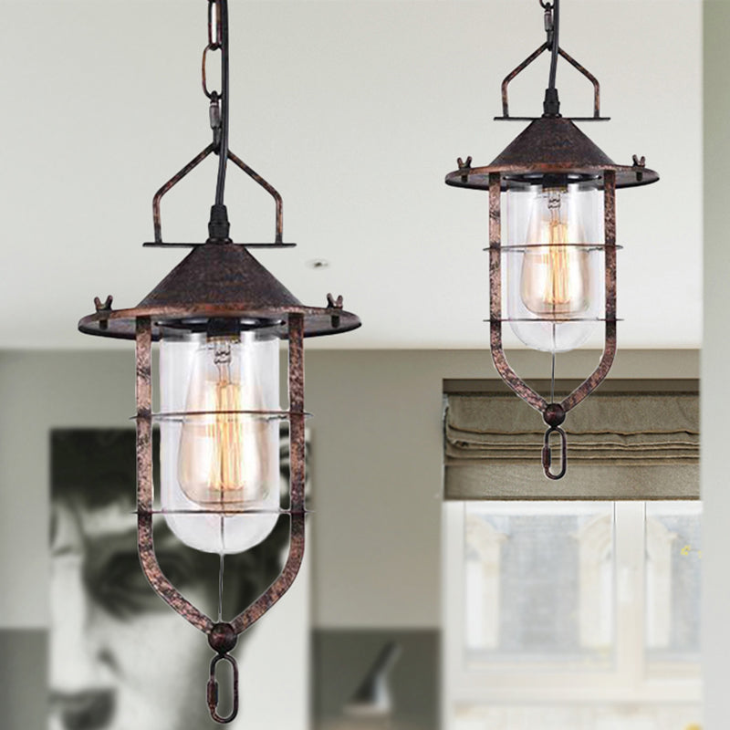 Vintage Black/Rust Cone Pendant Light with Clear Glass - Stylish Ceiling Lamp for Living Room with Cage